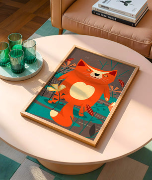 Illustration Of A Cute Orange Cat Surrounded By Stylized Trees And Plants