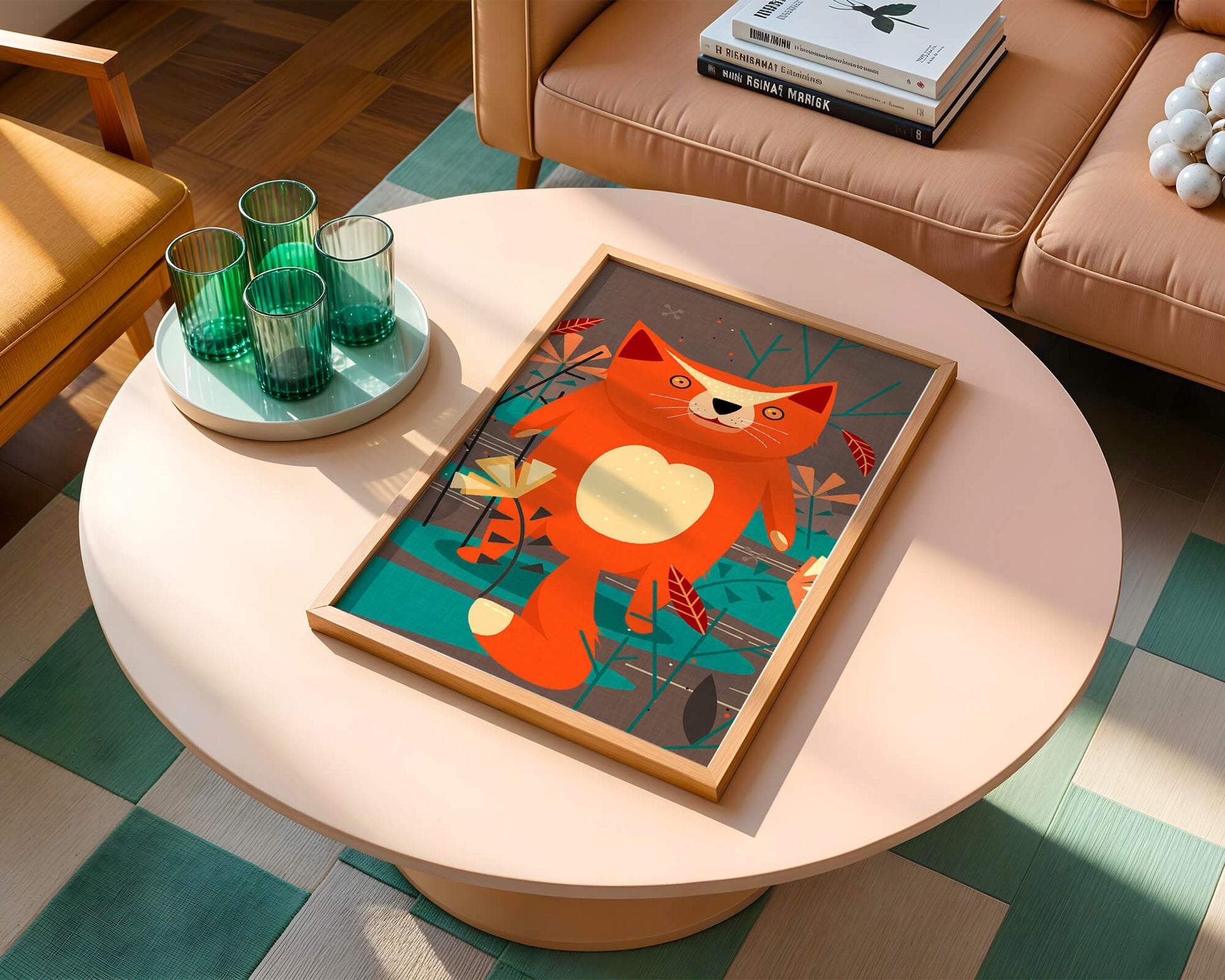 Illustration Of A Cute Orange Cat Surrounded By Stylized Trees And Plants