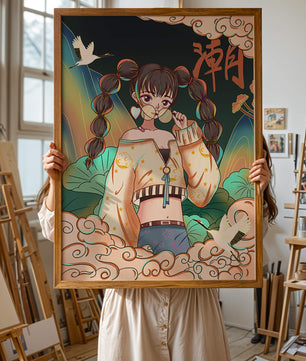 Anime girl with glasses surrounded by nature and cranes