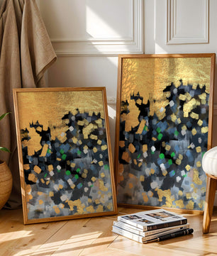 Arte abstracto con dorado y pinceladas coloridas