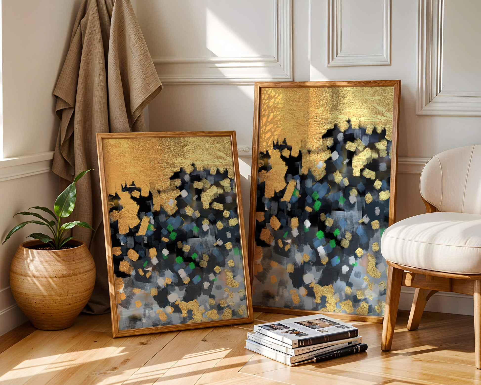 Abstract art with gold and colorful brushstrokes