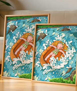 Adventurous raft ride down a vibrant cartoon river with character