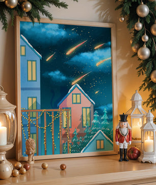 Winter Night Scene with Falling Meteors and Snow-Covered Houses