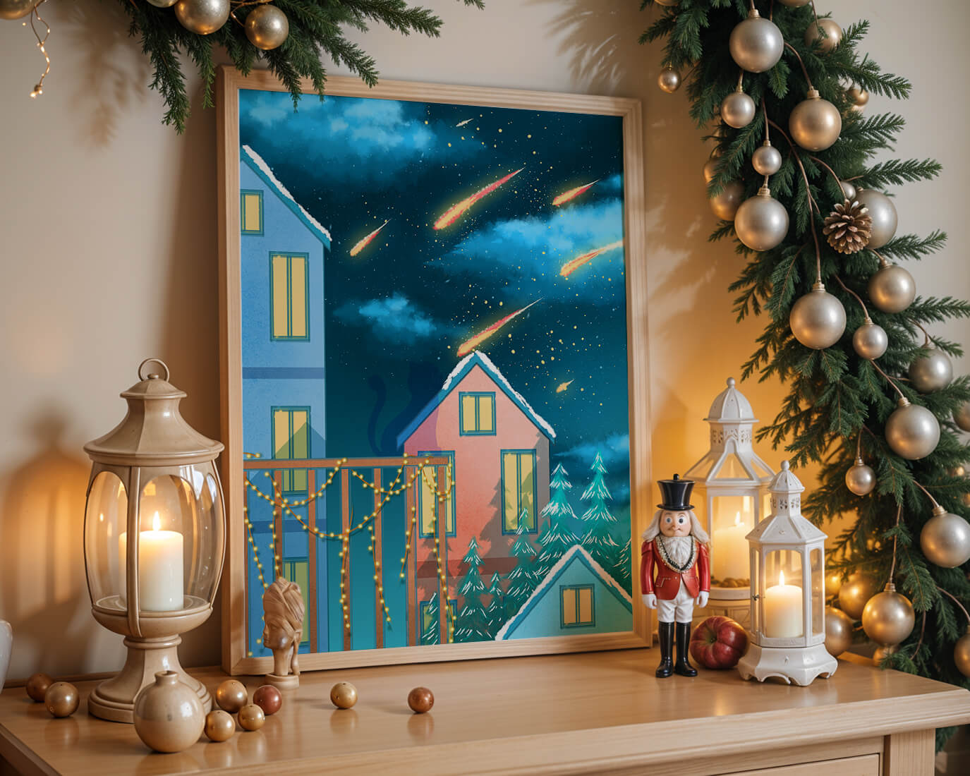 Winter Night Scene with Falling Meteors and Snow-Covered Houses