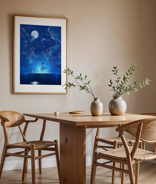 Cielo nocturno soñador con figura danzante y luz de luna brillante