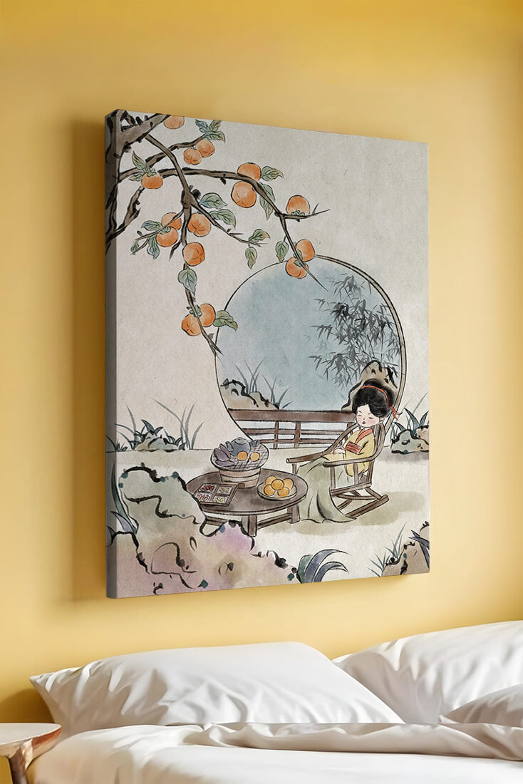 Tranquil garden scene with persimmons and serene figure