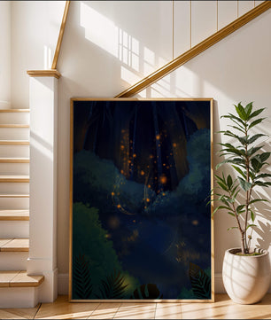 Enchanted night forest with glowing fireflies and dense foliage