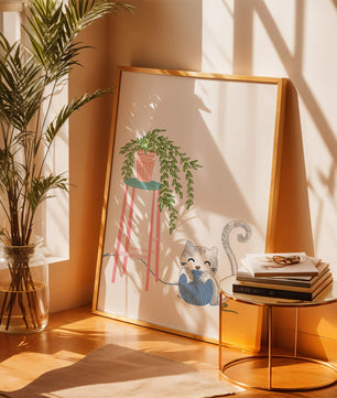Cat Playing with Yarn Beside a Potted Plant on Pink Stool - Mi tienda