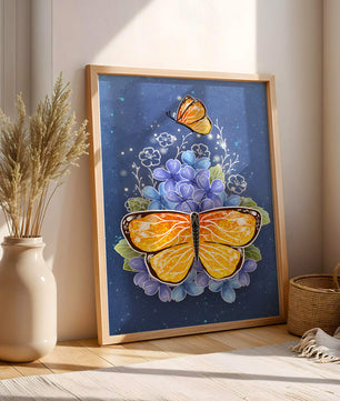 Bright butterfly with blue flowers on a starry background