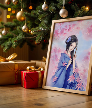 Ilustración elegante de una geisha con kimono azul y hojas rosadas