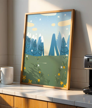 Landschaft mit schneebedeckten Bergen und Blumen im Cartoon-Stil