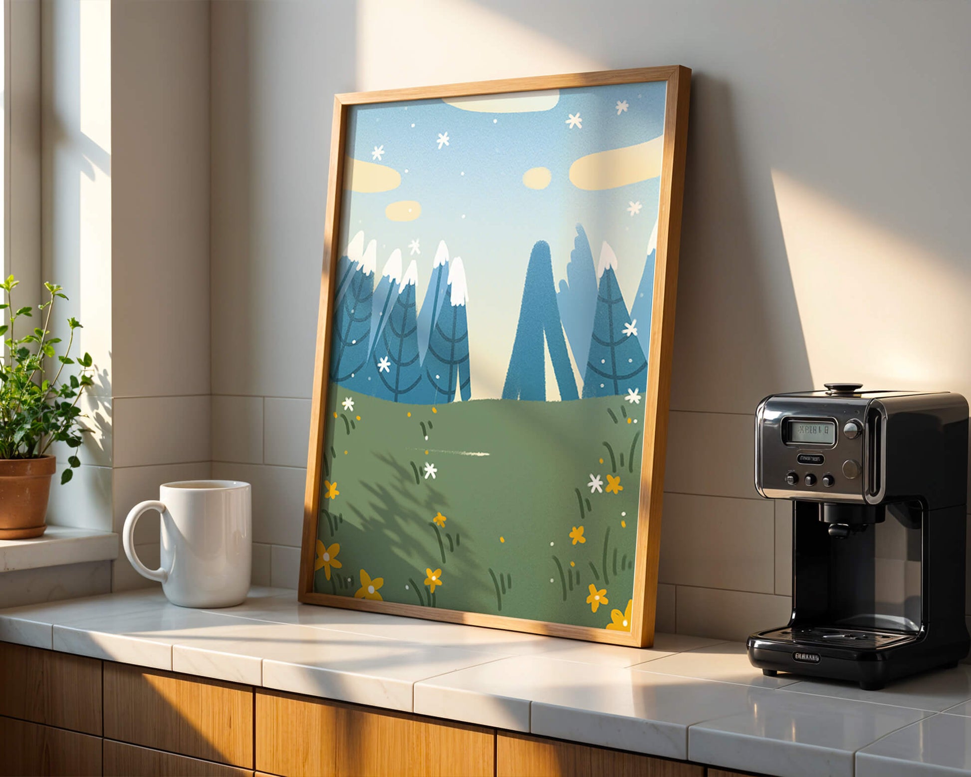 Landschaft mit schneebedeckten Bergen und Blumen im Cartoon-Stil