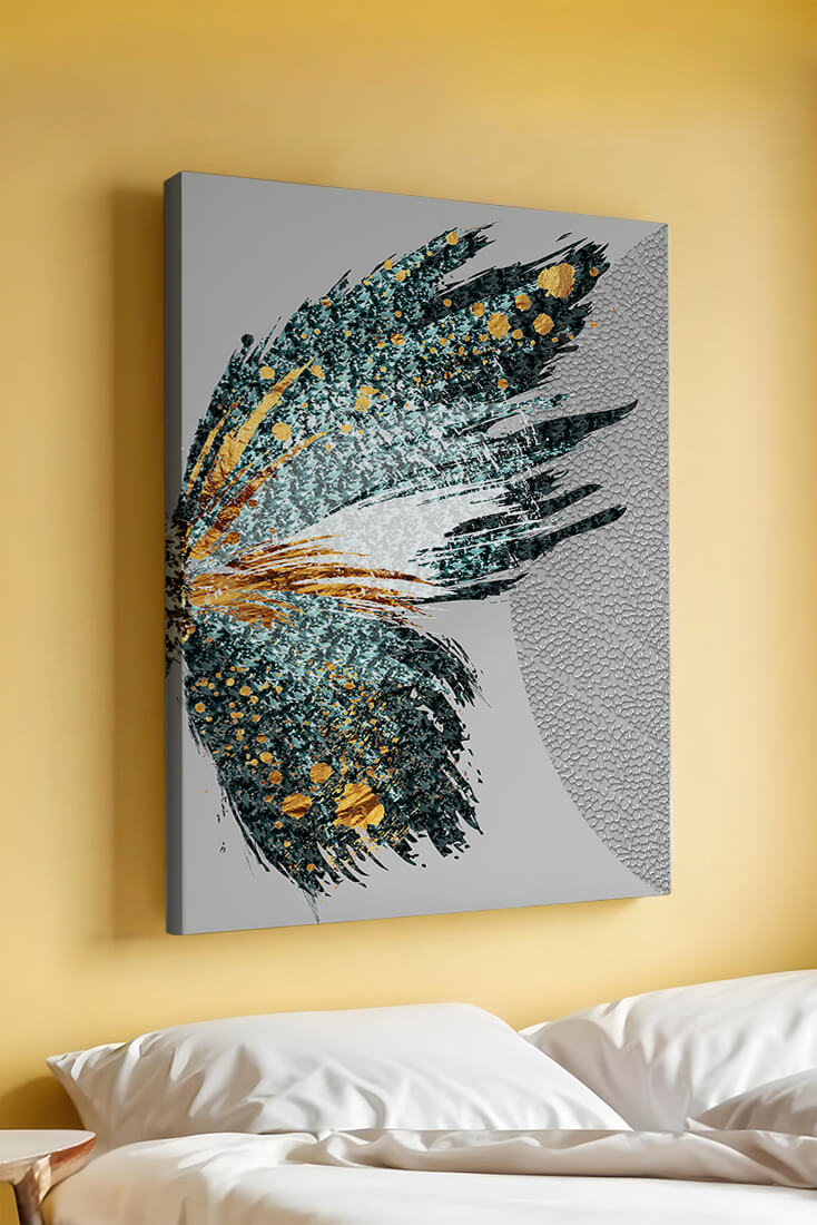 Ala de mariposa abstracta con detalles turquesa y dorados