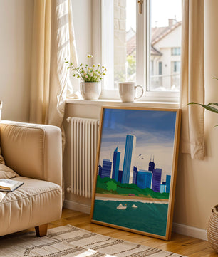 Paisaje urbano moderno con skyline y frente al agua en un estilo vibrante