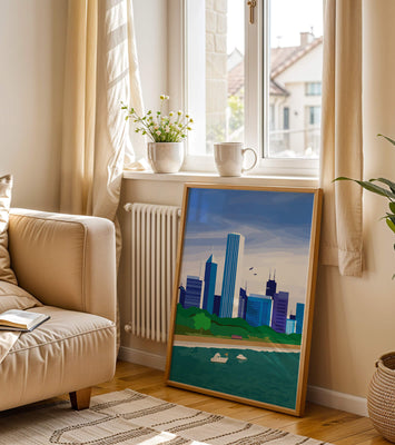 Modern cityscape with skyline and waterfront in a vibrant style