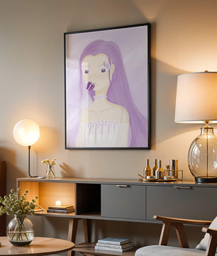 Ilustración de una mujer con cabello morado y mariposas