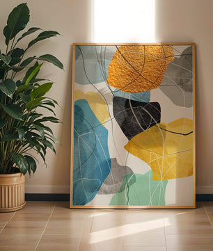 Abstrakte geometrische Kunst mit goldenen Akzenten und leuchtenden Farben