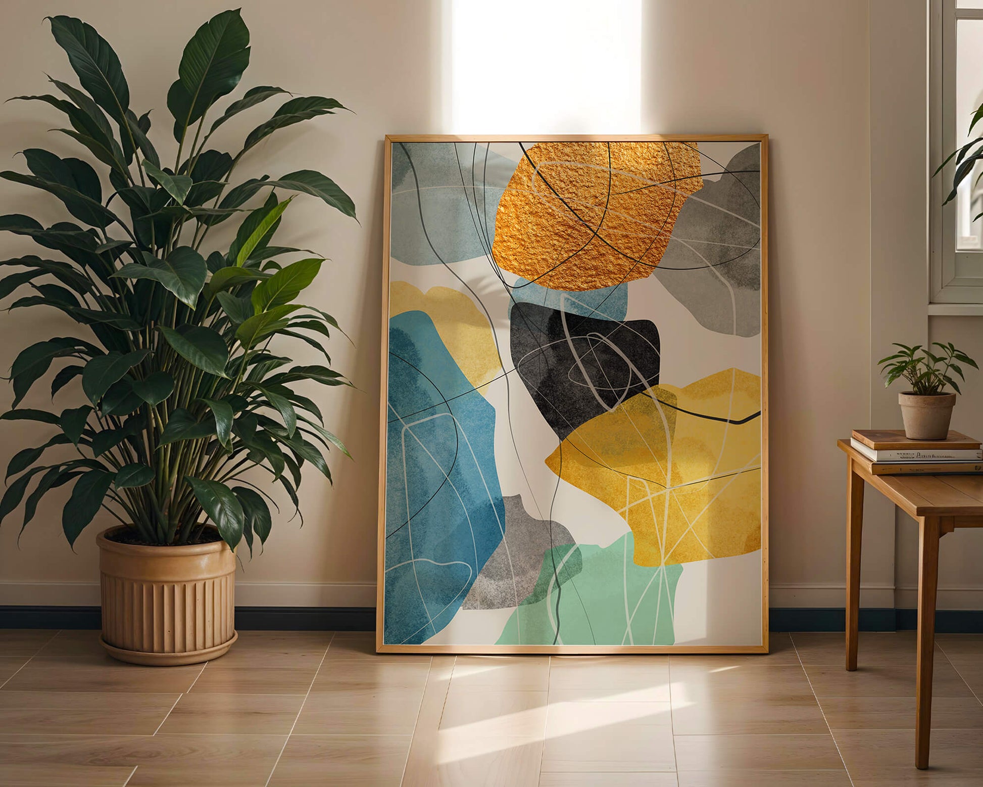 Arte geométrico abstracto con acentos dorados y colores vibrantes