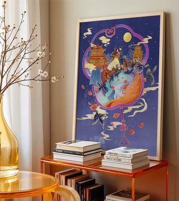 Romantic oriental night scene with couple and pagodas under moonlight