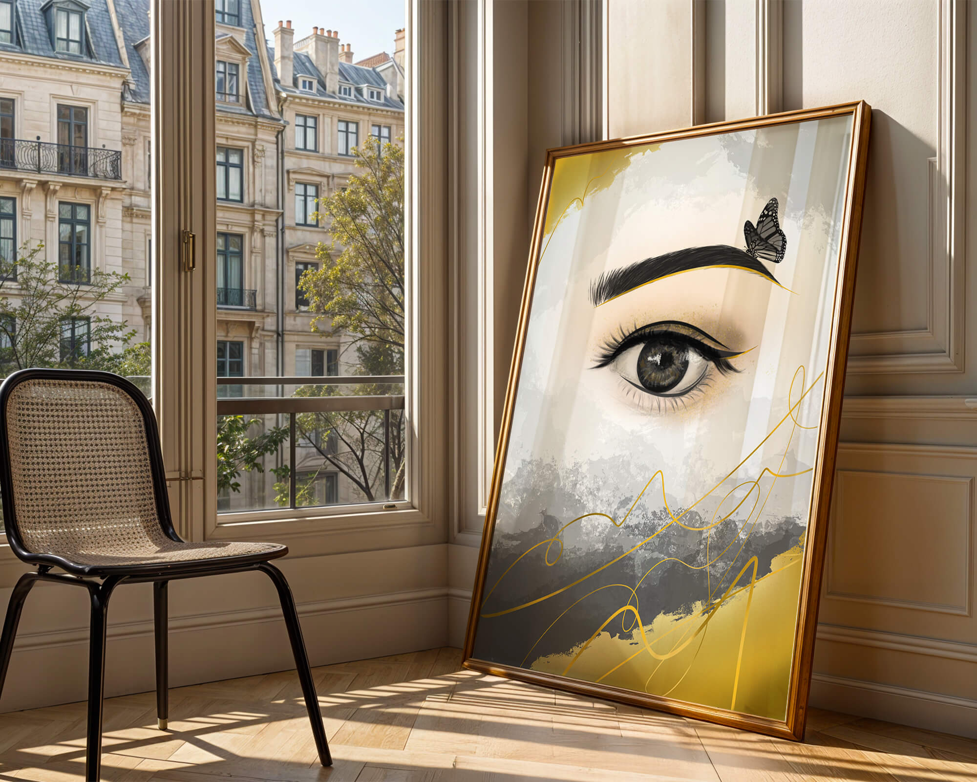 Artistic eye illustration with butterfly and abstract gold accents