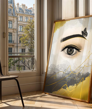 Artistic eye illustration with butterfly and abstract gold accents