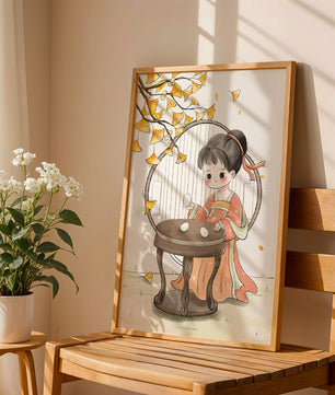 Charmante illustration d'une fille en tenue traditionnelle avec des feuilles de ginkgo