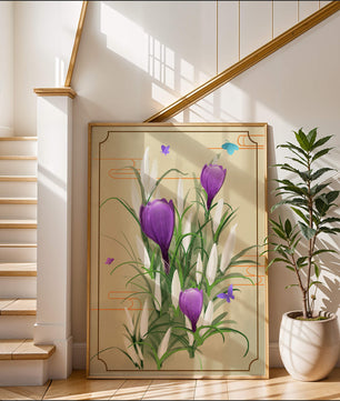 Elegant Crocus Flowers with Butterflies in a Delicate Frame