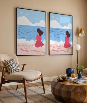Serene seaside illustration with a girl in a pink dress gazing at the ocean