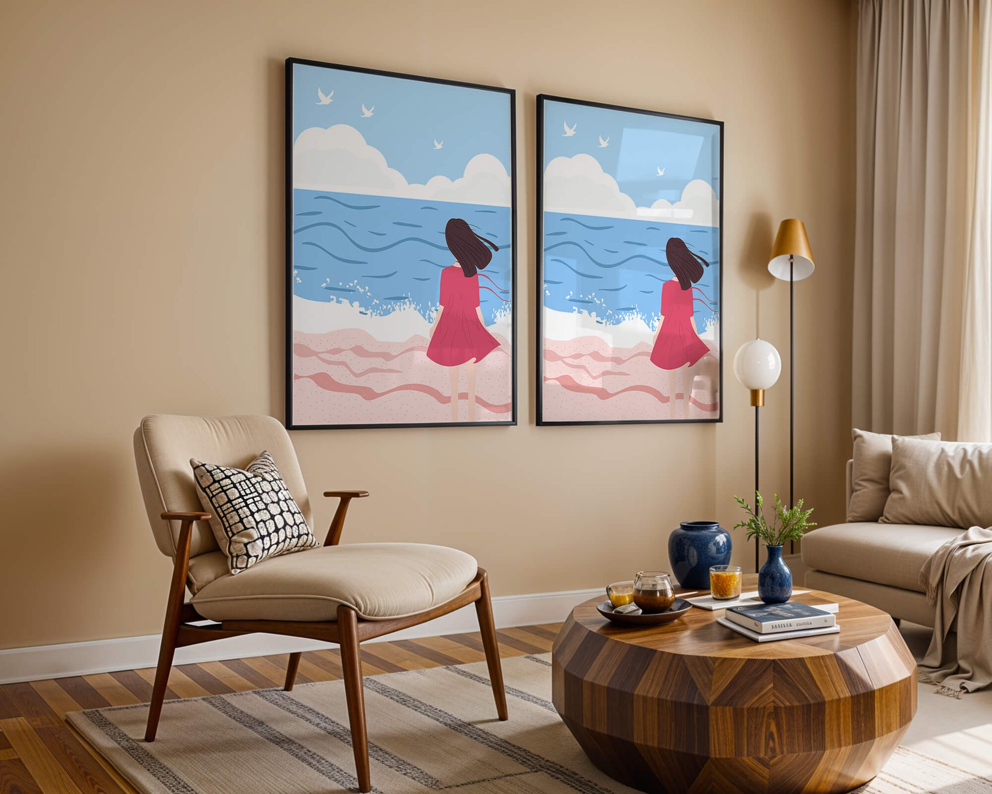Serene seaside illustration with a girl in a pink dress gazing at the ocean