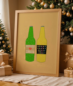 Ilustración de botellas de cerveza coloridas con etiquetas artísticas