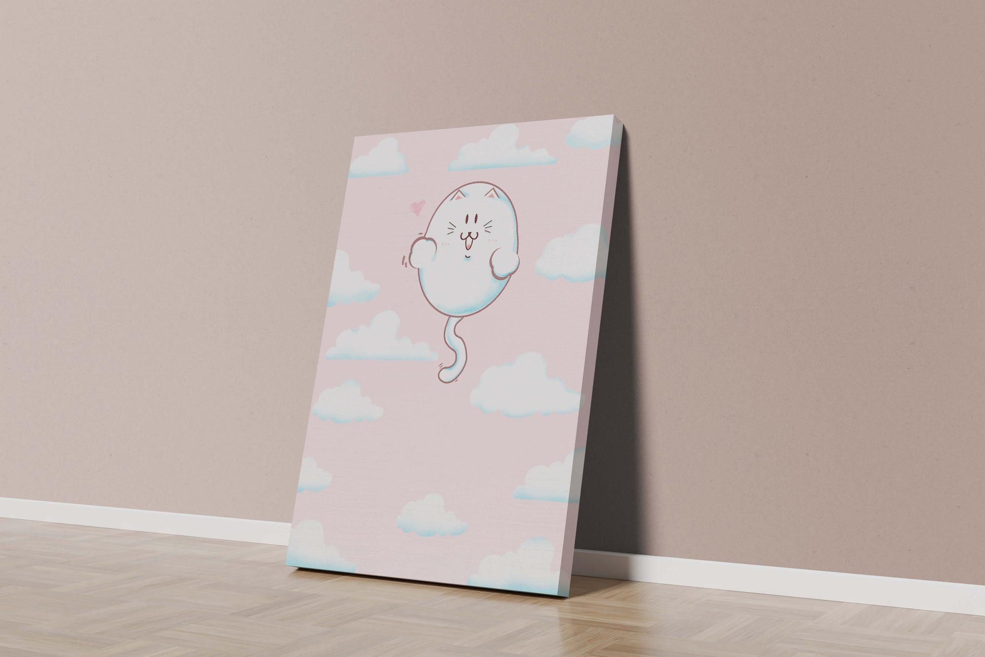 Gato flotante caprichoso en un cielo pastel con nubes esponjosas