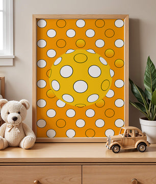 Colorful geometric pattern with white polka dots on orange background