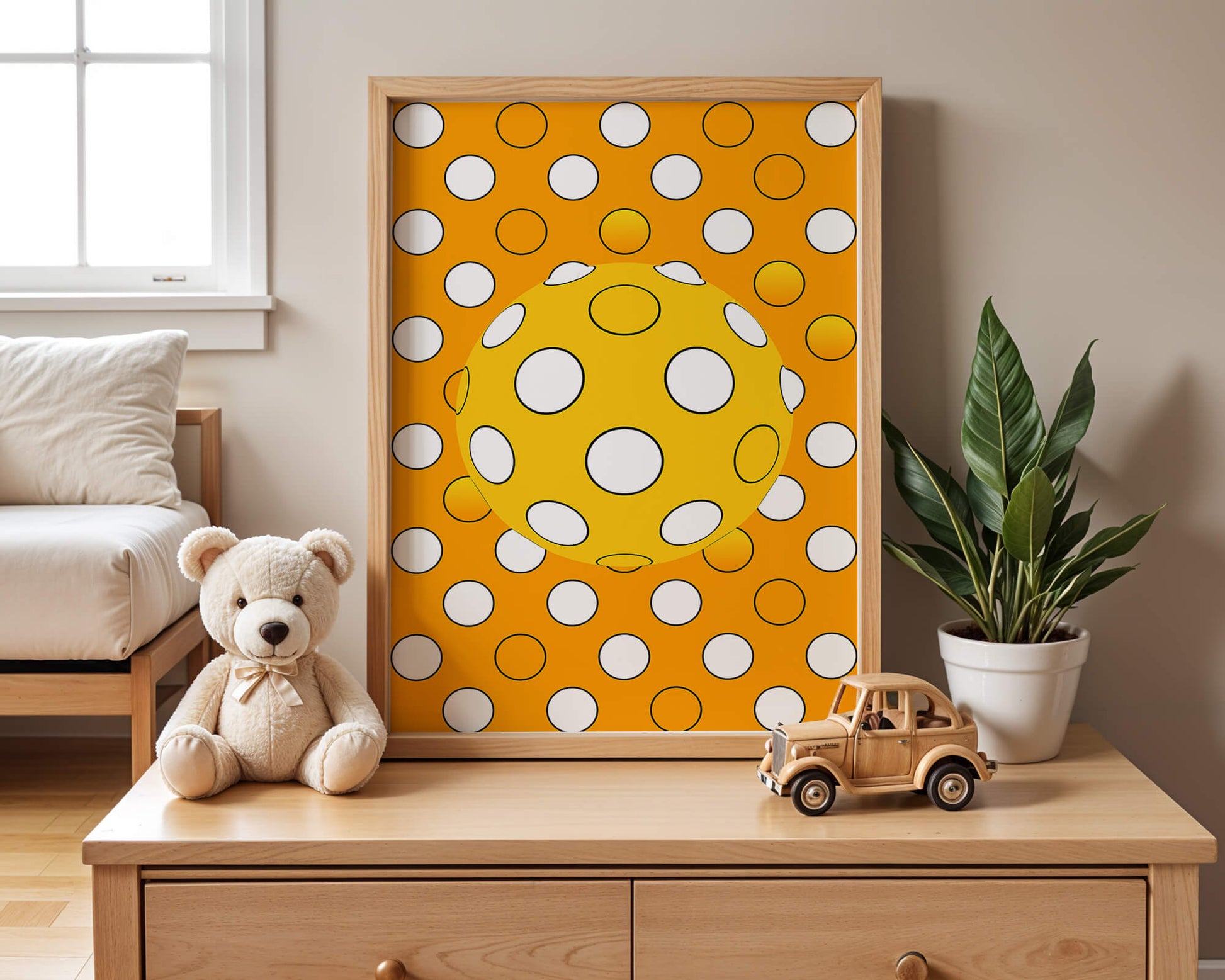 Colorful geometric pattern with white polka dots on orange background