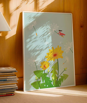 Whimsical illustration of a girl flying with dandelions in a colorful floral scene