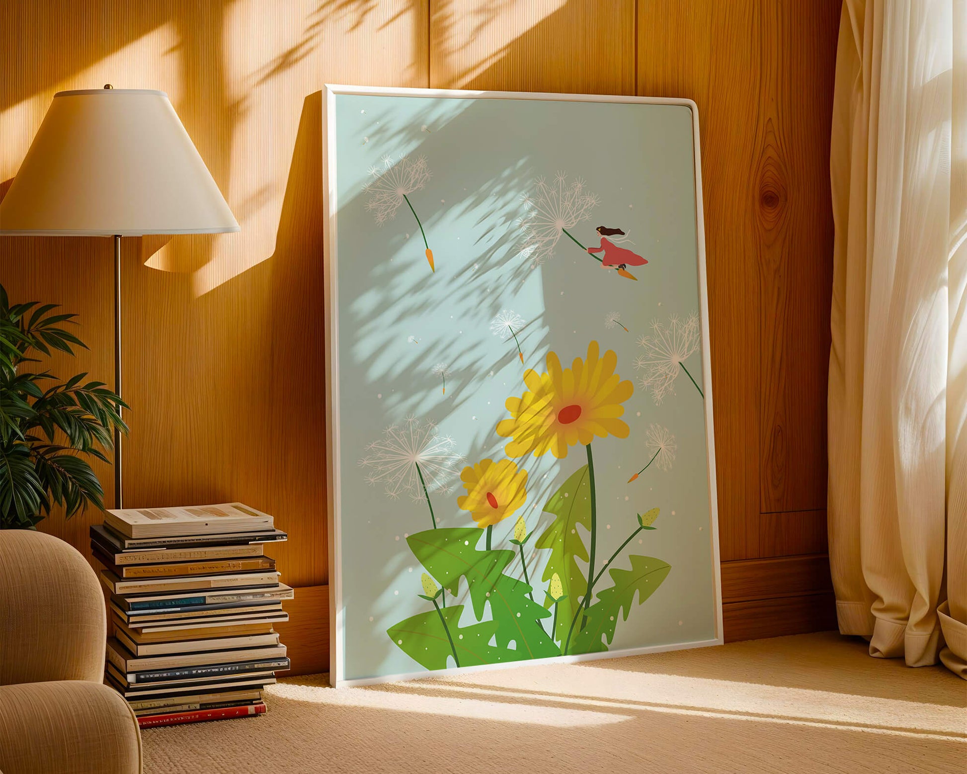 Whimsical illustration of a girl flying with dandelions in a colorful floral scene