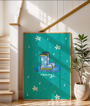 Colorful rain boots with floral pattern on a rainy background