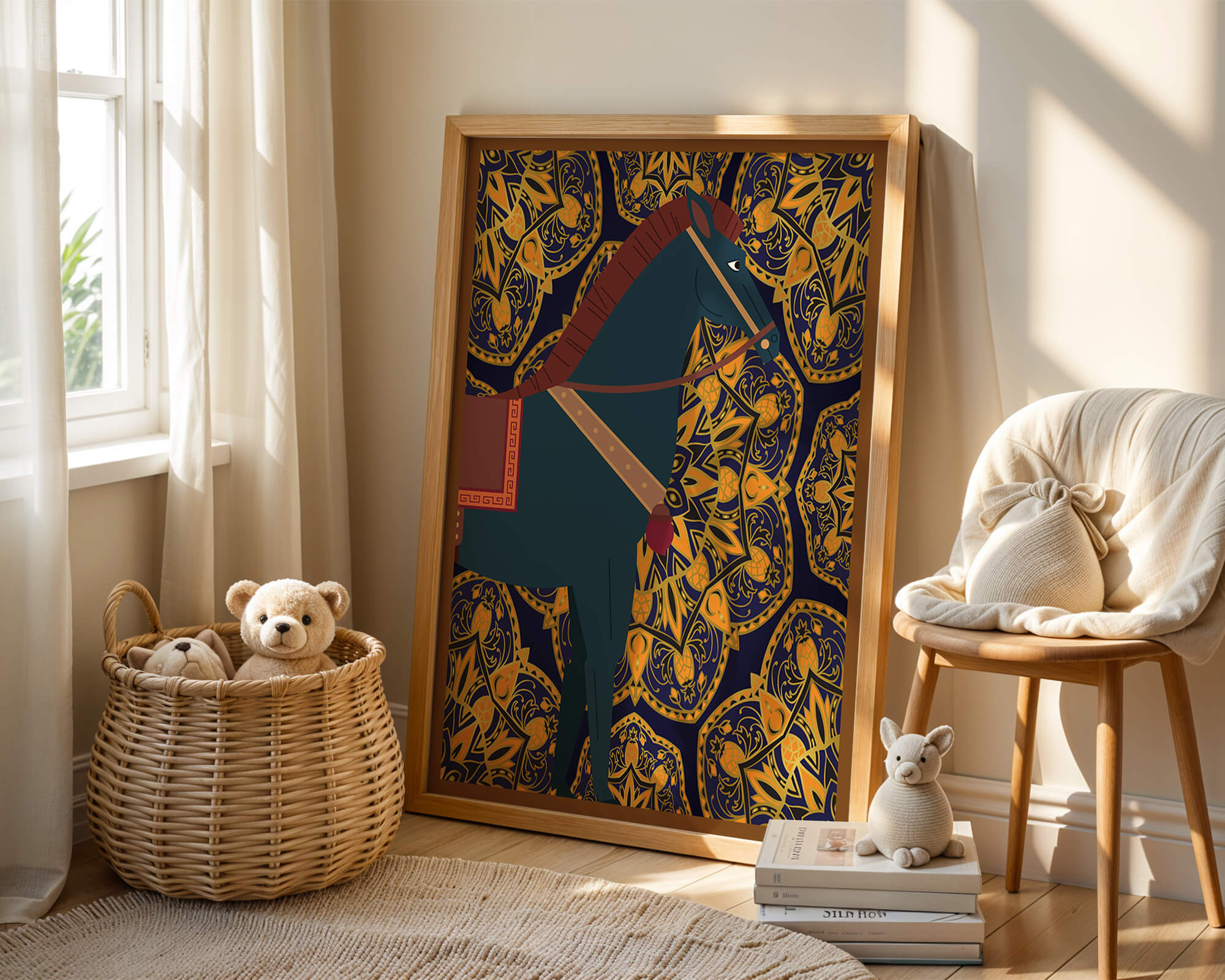 Stylized horse illustration on intricate golden pattern background