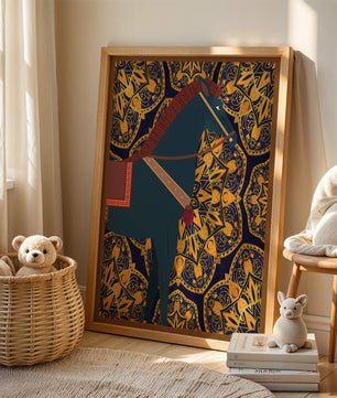 Stilisierte Pferdeillustration auf kompliziertem goldenem Musterhintergrund