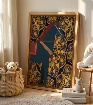 Stylized horse illustration on intricate golden pattern background