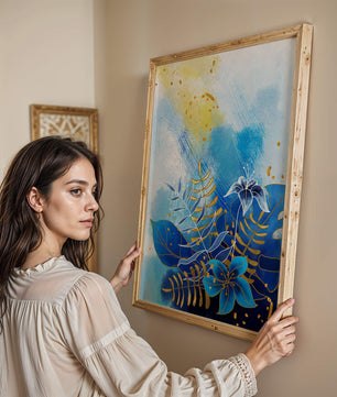 Floral illustration with blue leaves and golden accents on abstract background
