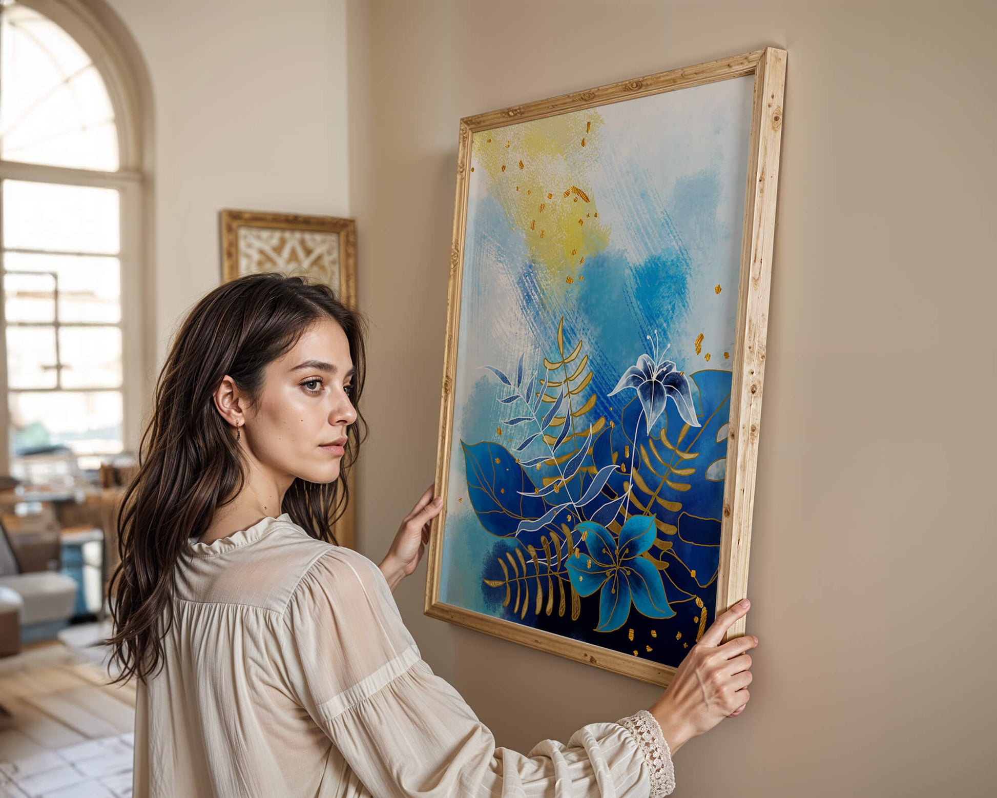 Floral illustration with blue leaves and golden accents on abstract background
