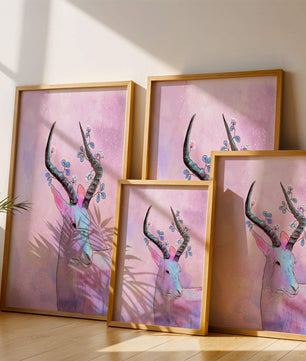 Pastel watercolor illustration of antelope with floral horns