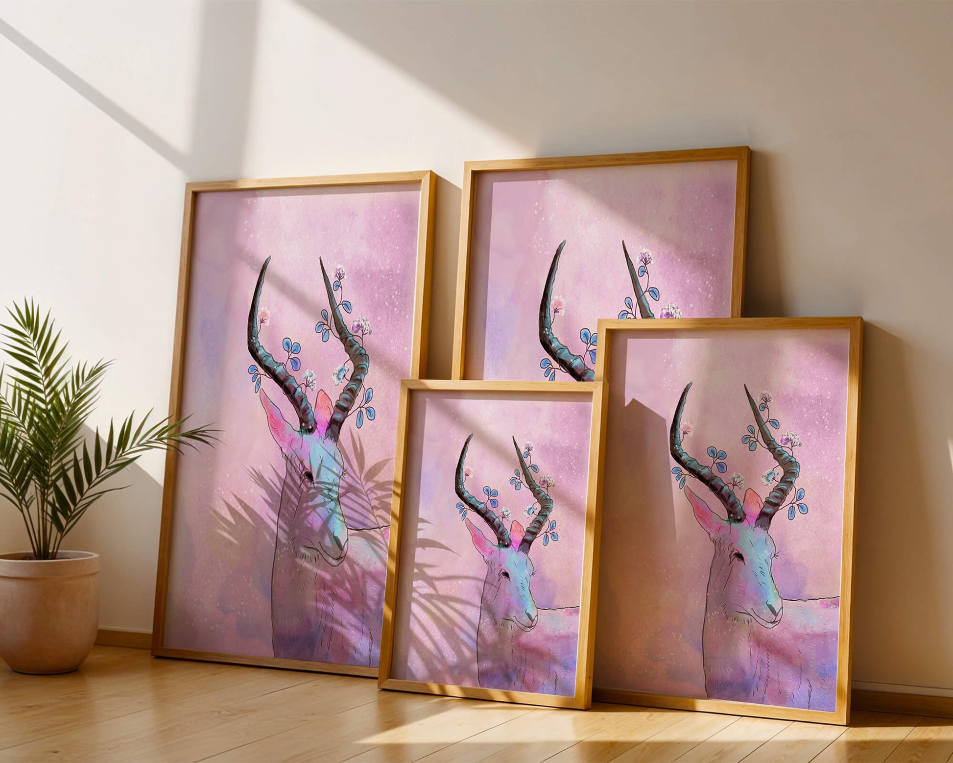 Pastel watercolor illustration of antelope with floral horns