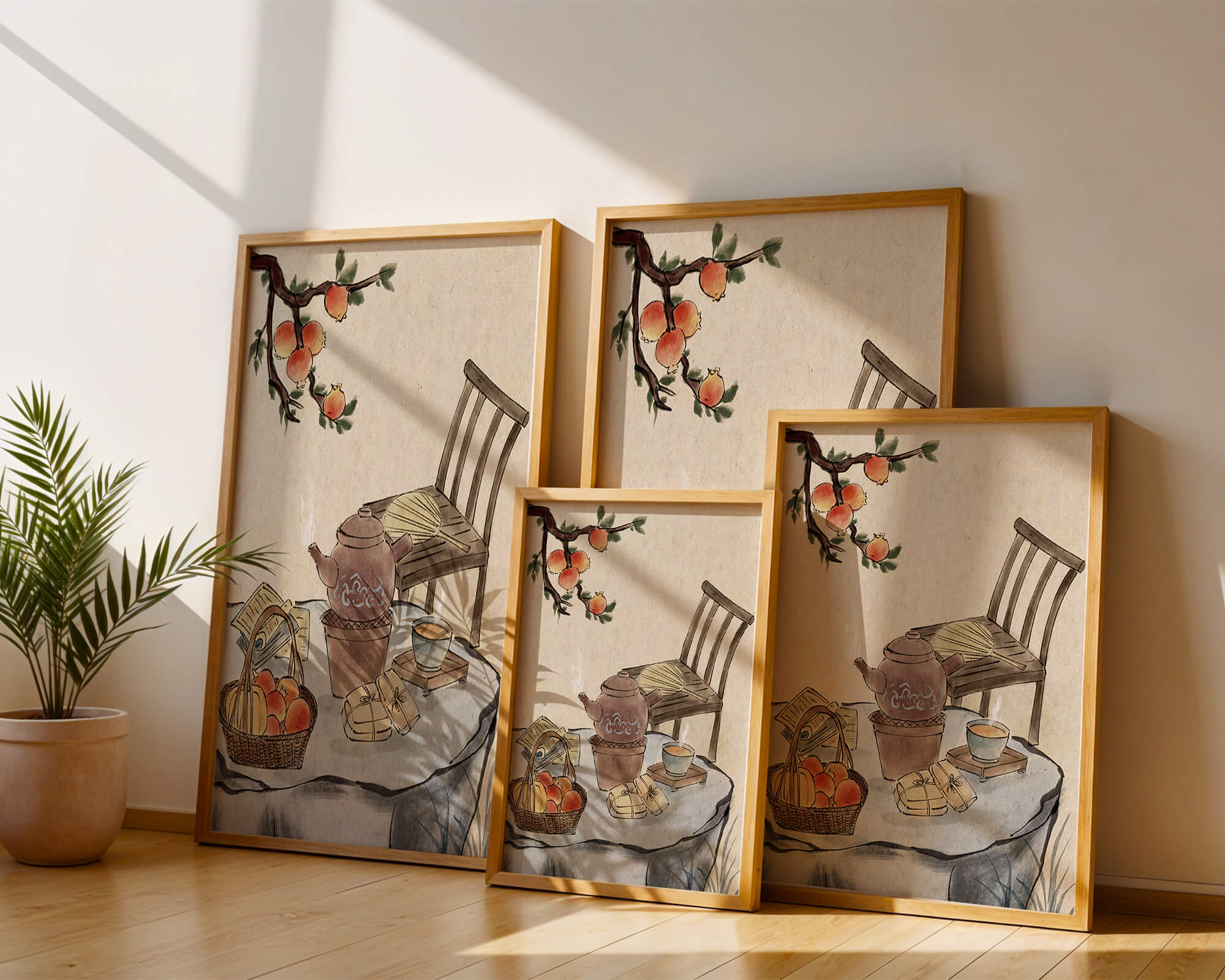 Watercolor painting of tea time setting with fruits and wooden chair