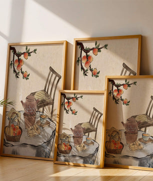 Peinture à l’aquarelle d’un moment de dégustation de thé avec des fruits et une chaise en bois