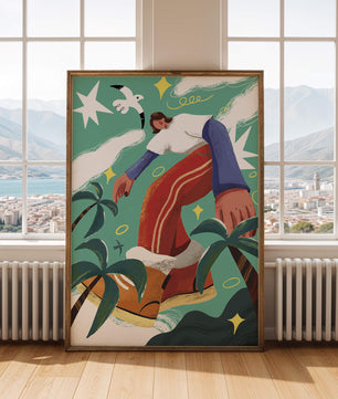 Colorful Abstract Surreal Landscape with Giant Figure and Nature Elements