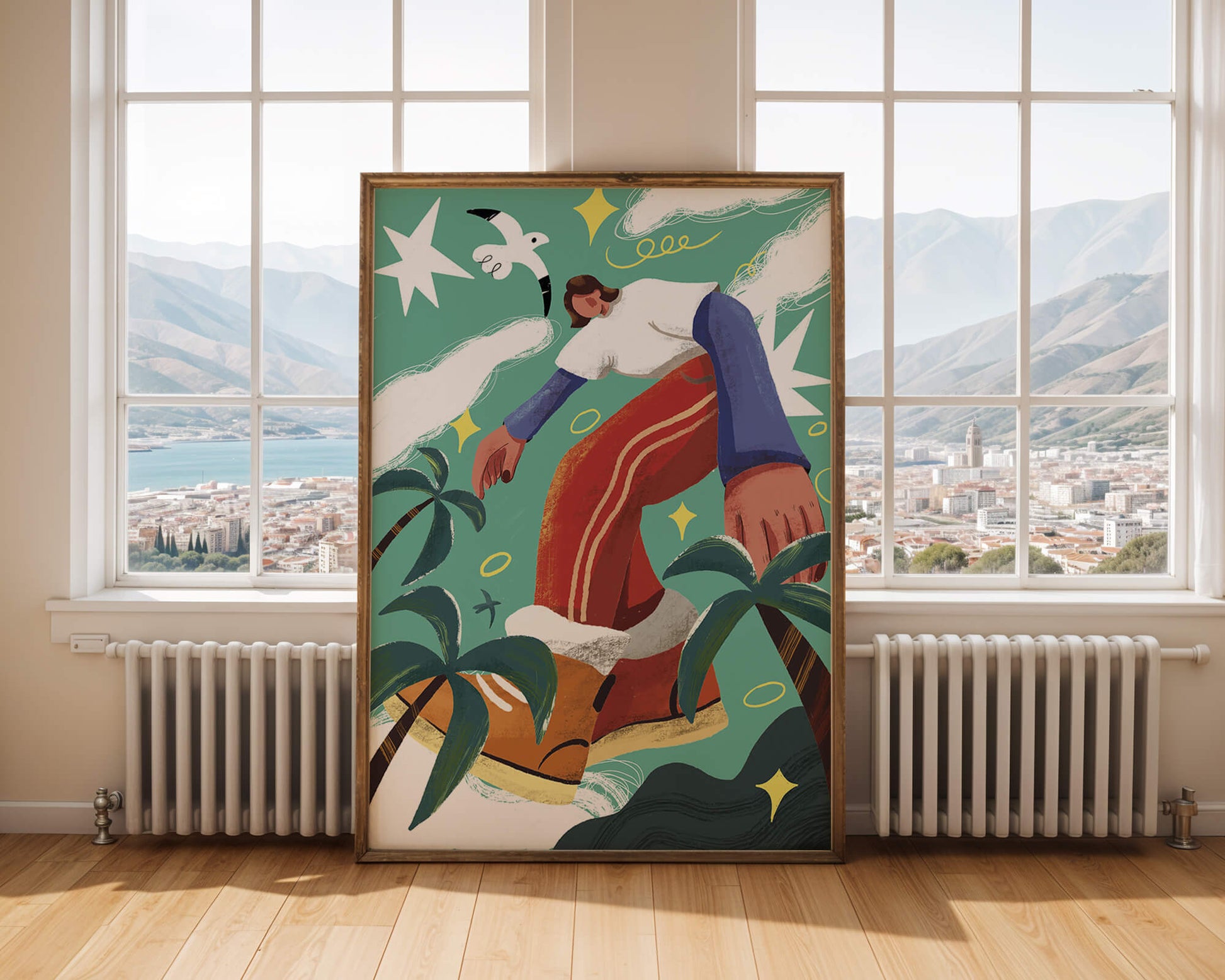 Colorful Abstract Surreal Landscape with Giant Figure and Nature Elements