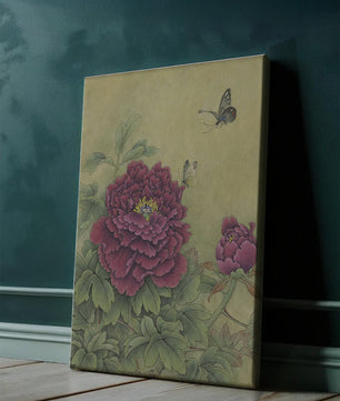 Delicate peonies with butterflies in a serene natural setting