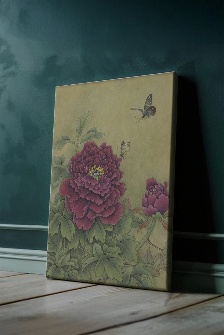 Delicate peonies with butterflies in a serene natural setting