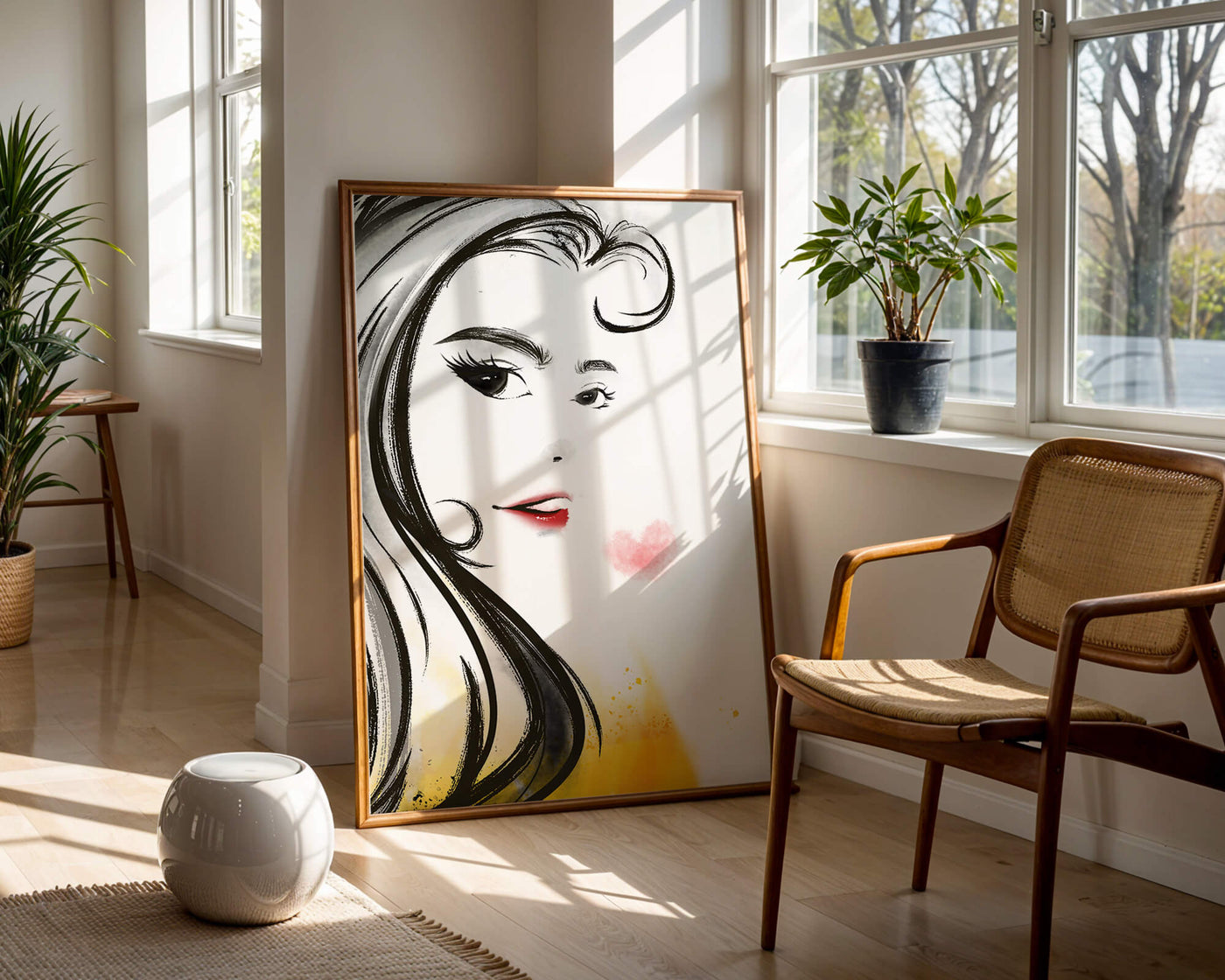 Elegant portrait sketch with red lips and a heart motif
